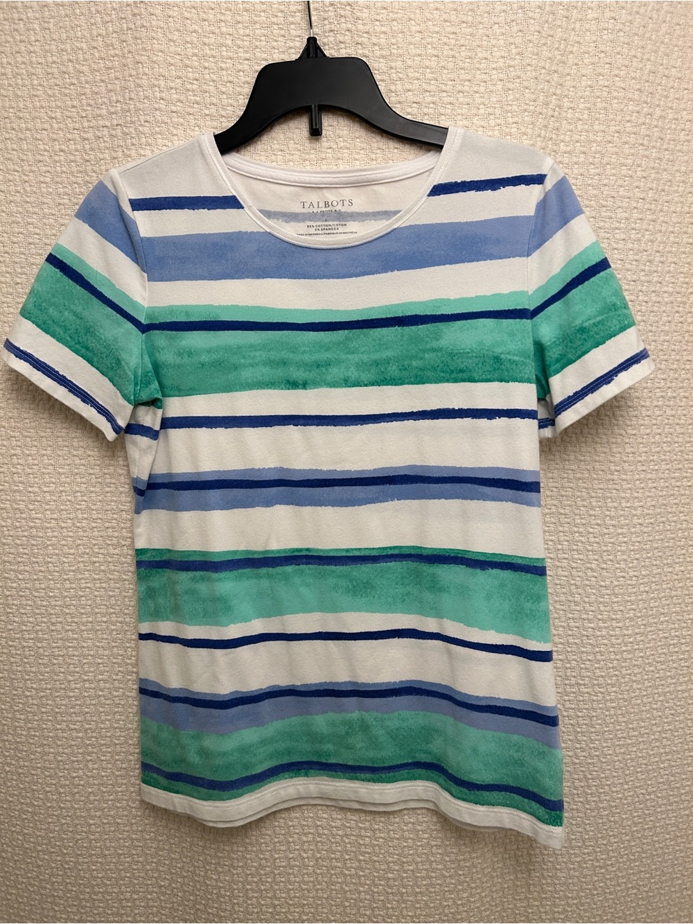 Talbots Short Sleeve Stripe Tee in White, Blue & Green